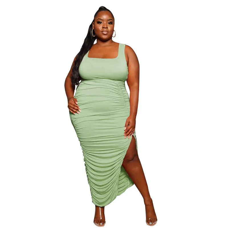 Plus Size Women's Sexy U-Neck Sleeveless Ruched Split Dress