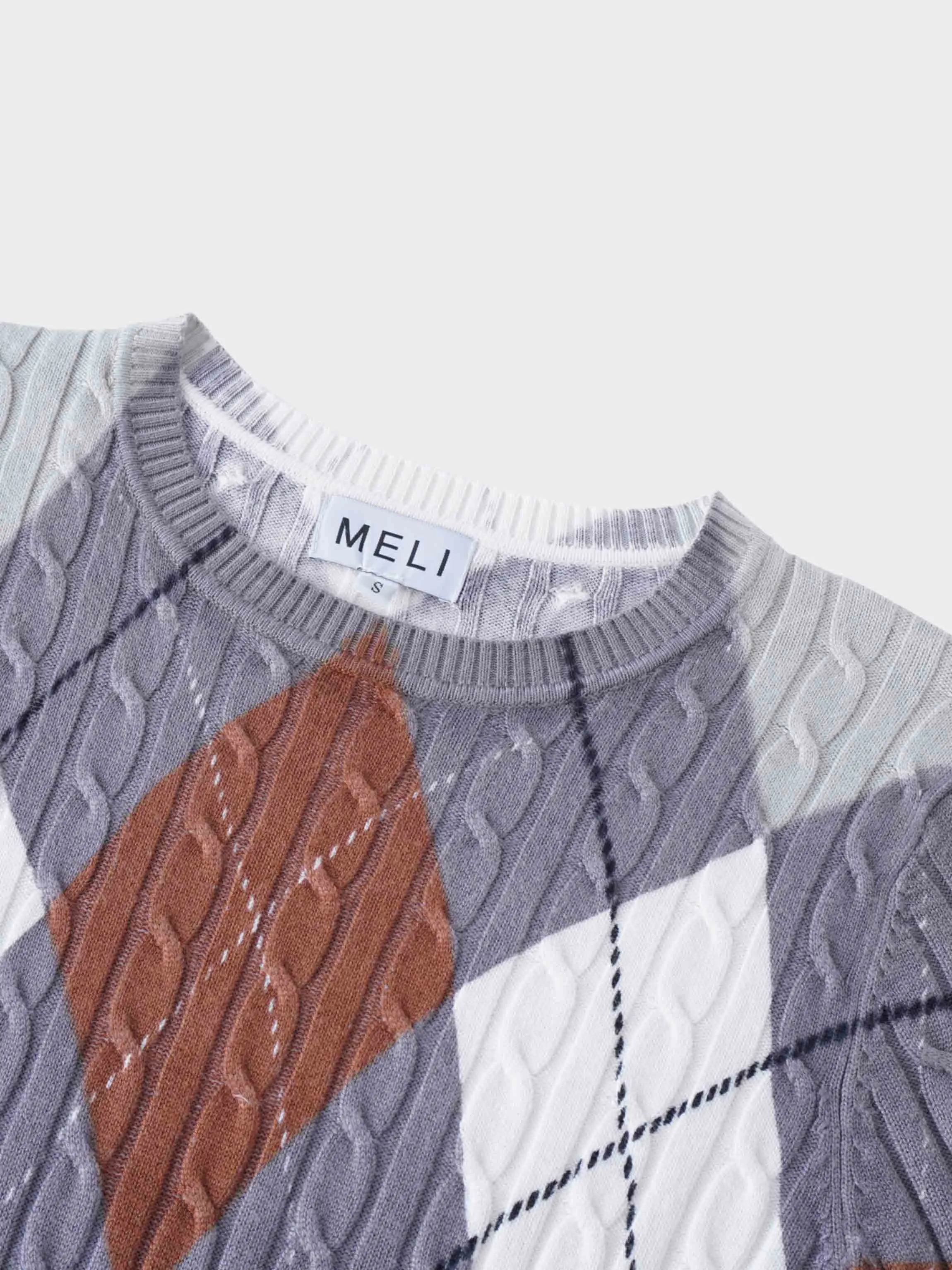 Printed Cable Knit Sweater-Argyle