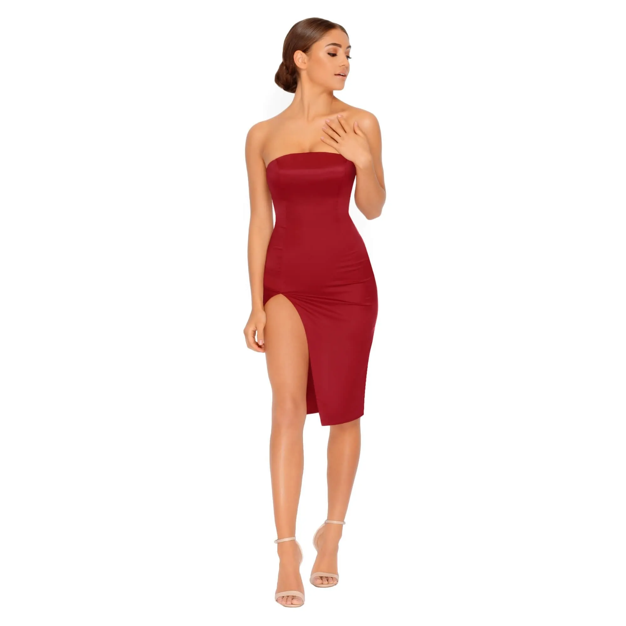 Pure And Simple Thigh Split Satin Bandeau Dress in Wine