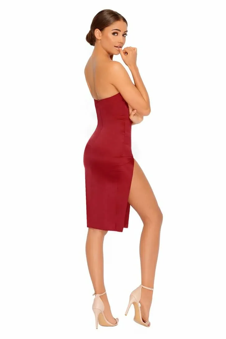 Pure And Simple Thigh Split Satin Bandeau Dress in Wine