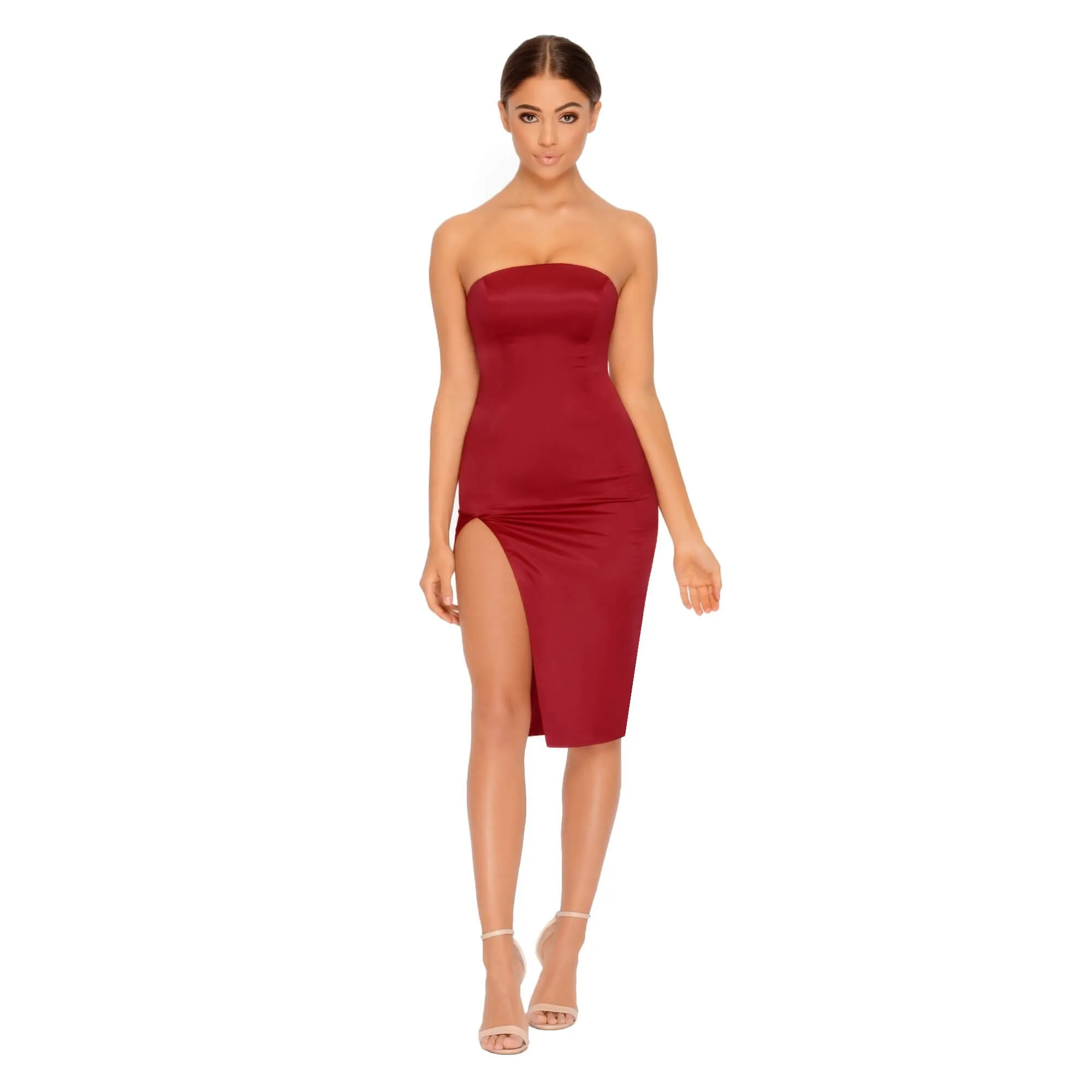 Pure And Simple Thigh Split Satin Bandeau Dress in Wine