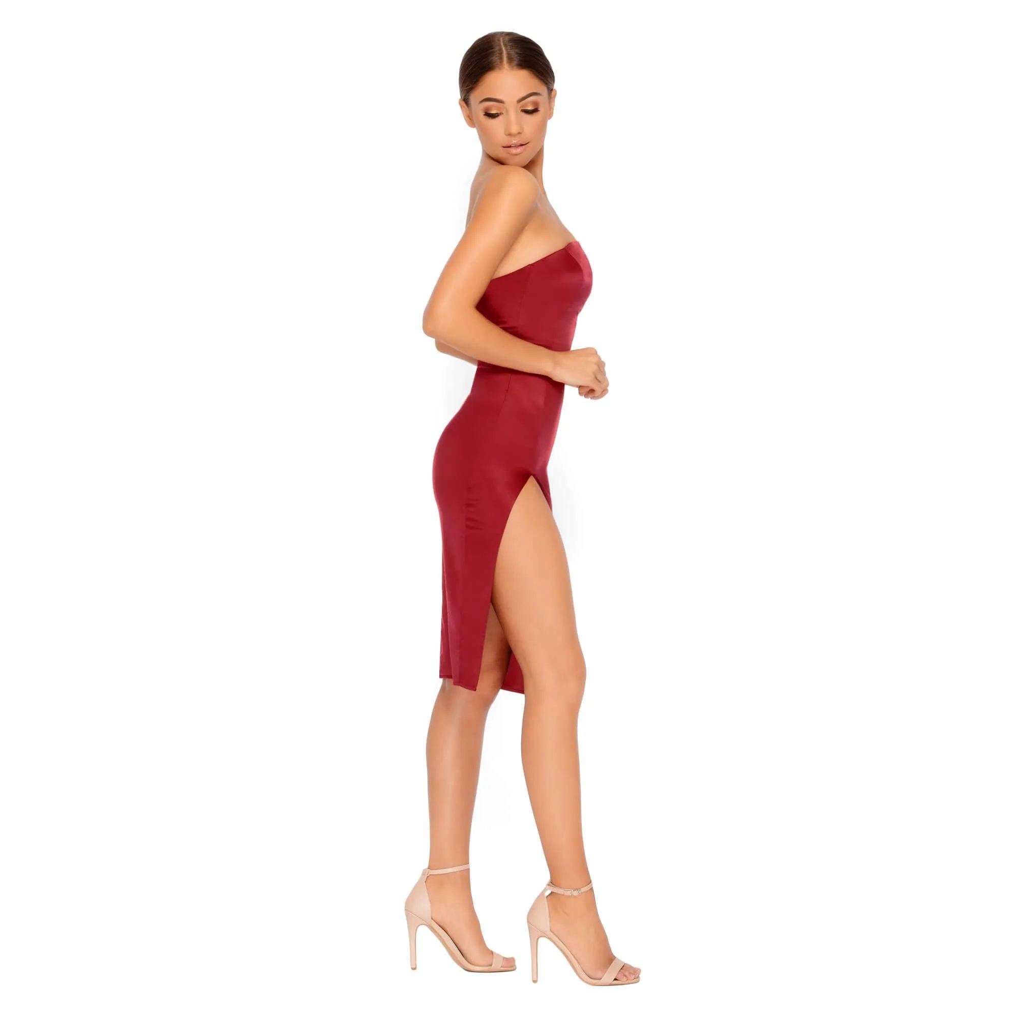 Pure And Simple Thigh Split Satin Bandeau Dress in Wine