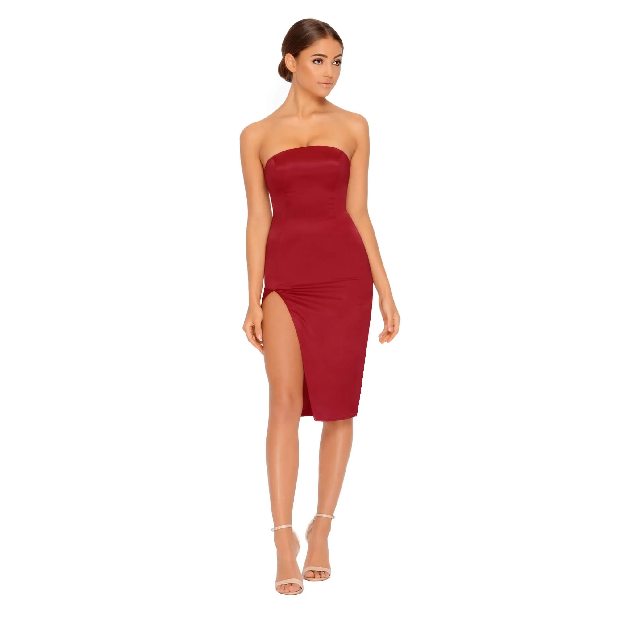 Pure And Simple Thigh Split Satin Bandeau Dress in Wine