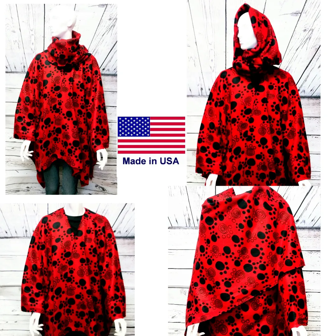 Red Black Women's Fashion Fleece Shawl Poncho