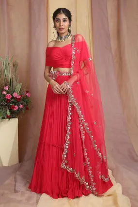 Red Drape Choli Lehenga Set