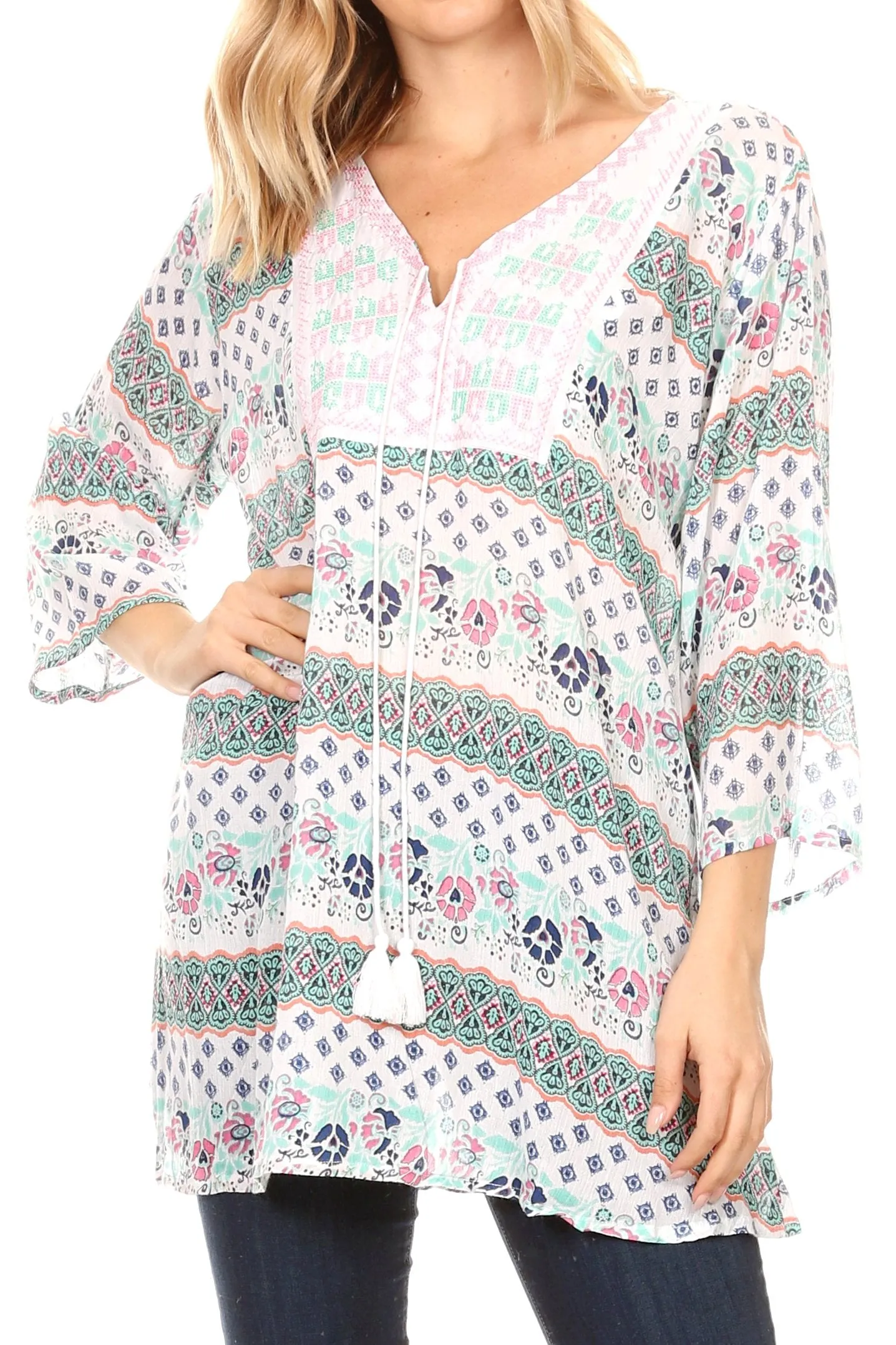 Sakkas Matia Women's Casual Summer Cotton Long Sleeve Print Loose Tunic Top Blouse