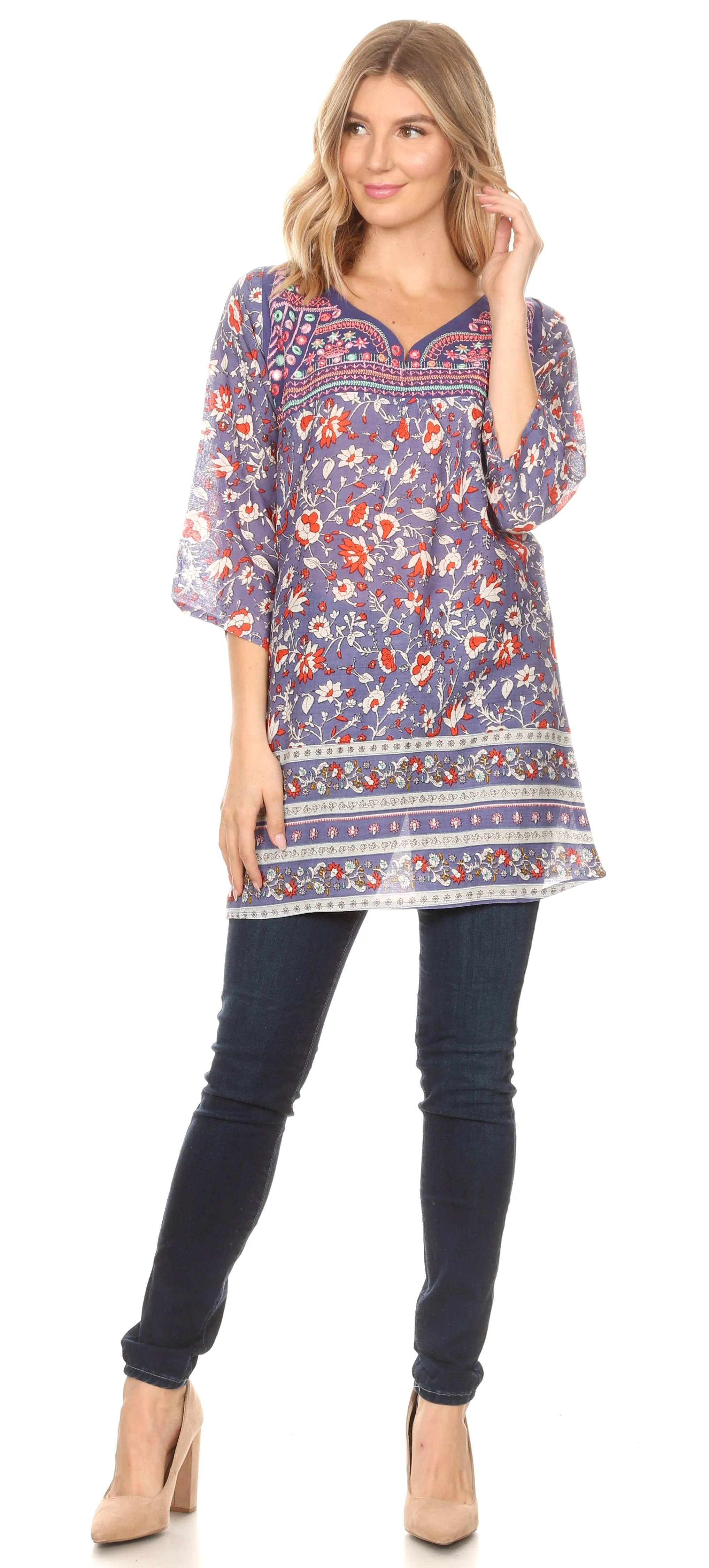 Sakkas Matia Women's Casual Summer Cotton Long Sleeve Print Loose Tunic Top Blouse