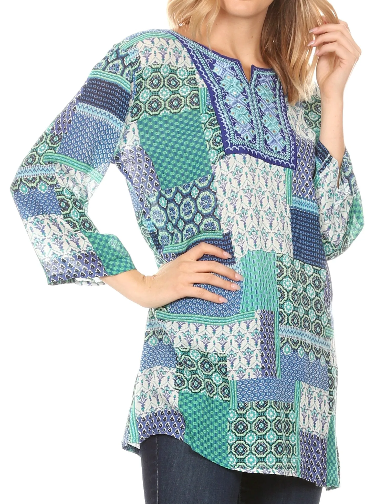 Sakkas Matia Women's Casual Summer Cotton Long Sleeve Print Loose Tunic Top Blouse