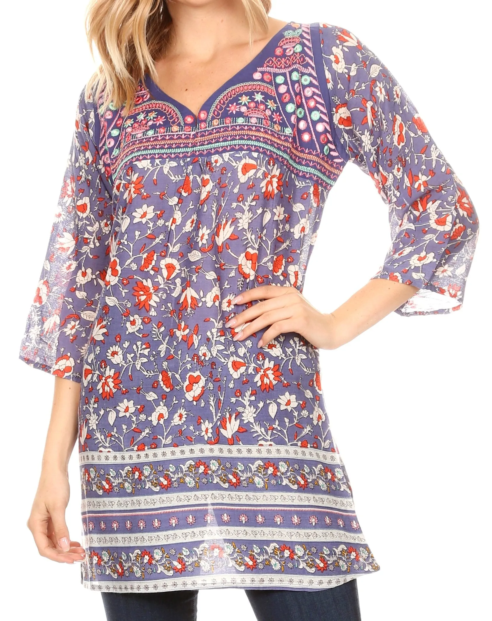 Sakkas Matia Women's Casual Summer Cotton Long Sleeve Print Loose Tunic Top Blouse