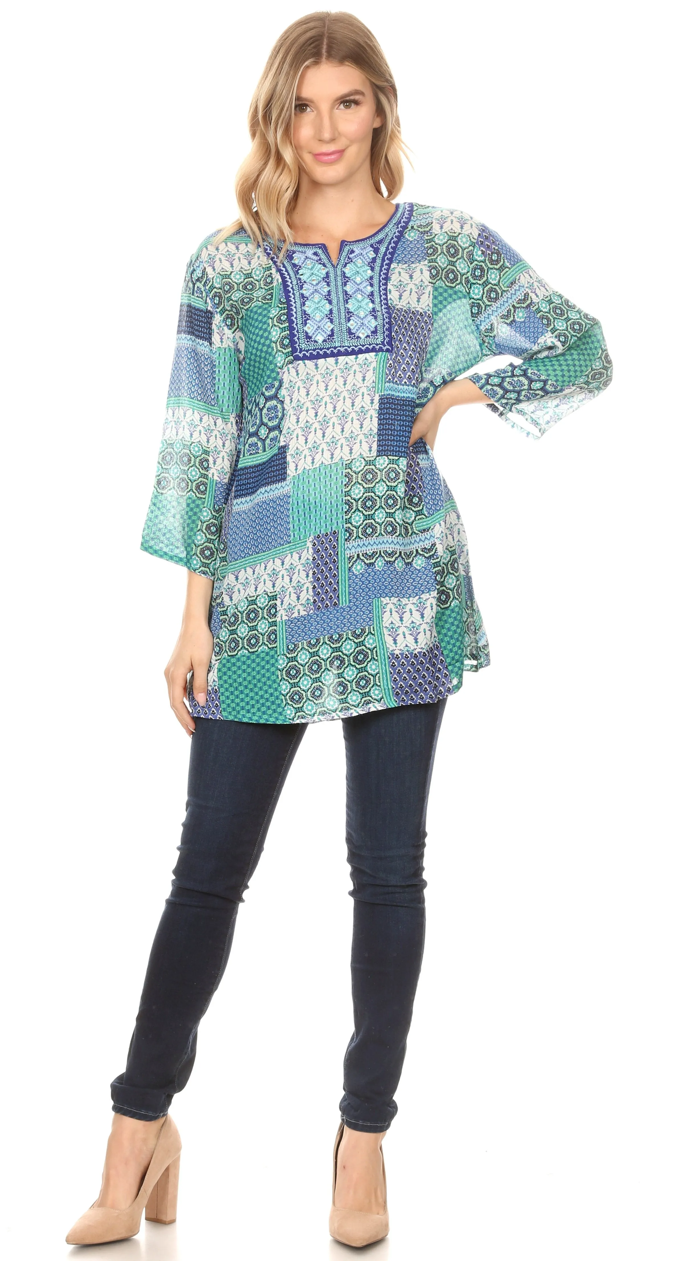 Sakkas Matia Women's Casual Summer Cotton Long Sleeve Print Loose Tunic Top Blouse