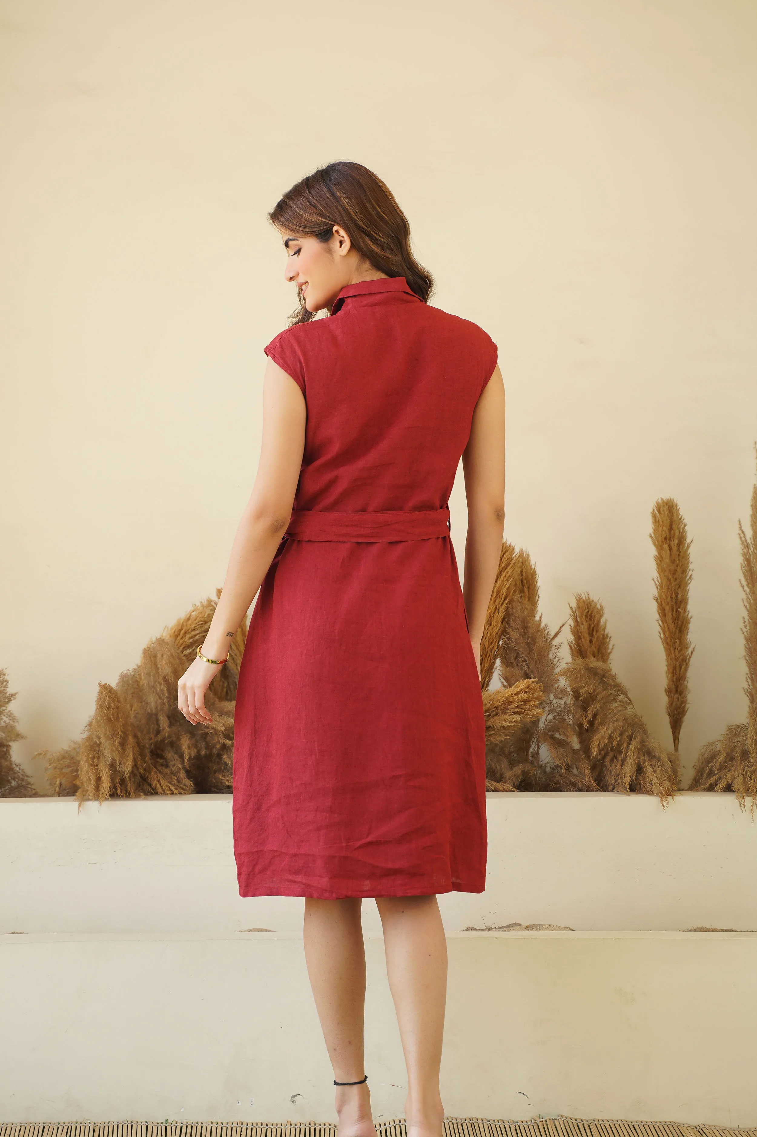 Sassy Button-Down Linen Midi Shirt Dress with Lapel Collar, Belt & Pockets | Scarlet Red Sleeveless Linen Tunic Dress