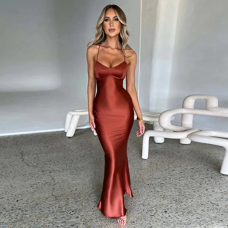 Satin Backless Maxi Dress For Women 2022 Autumn New Spaghetti Strap Sleeveless Bodycon Long Dress Vestido Clubwear