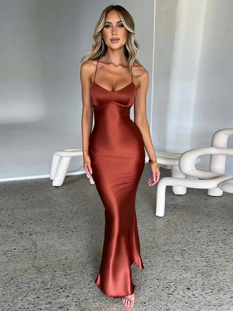 Satin Backless Maxi Dress For Women 2022 Autumn New Spaghetti Strap Sleeveless Bodycon Long Dress Vestido Clubwear