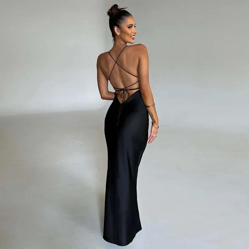 Satin Backless Maxi Dress For Women 2022 Autumn New Spaghetti Strap Sleeveless Bodycon Long Dress Vestido Clubwear