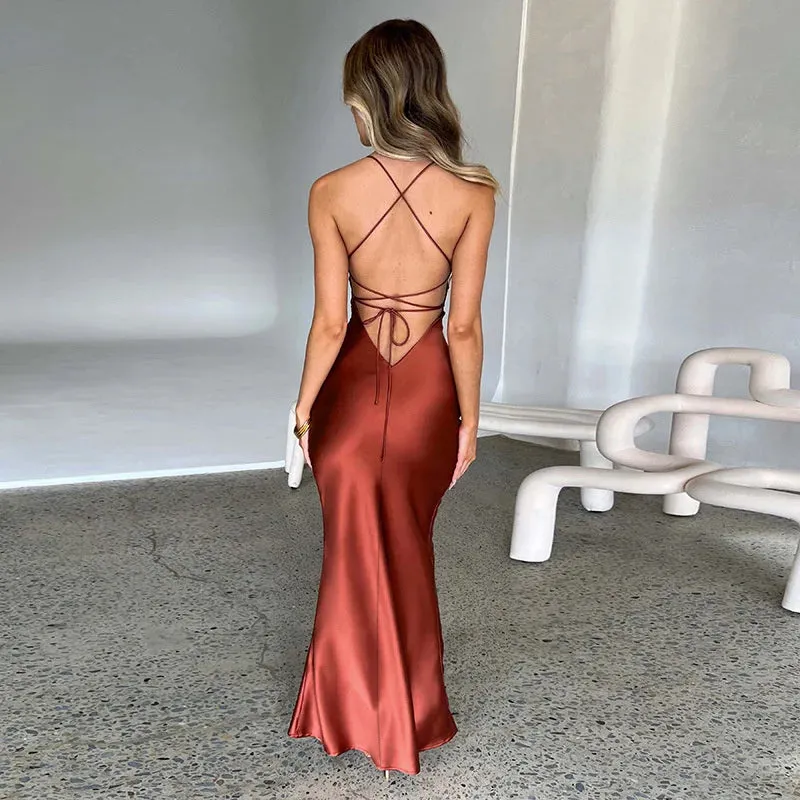 Satin Backless Maxi Dress For Women 2022 Autumn New Spaghetti Strap Sleeveless Bodycon Long Dress Vestido Clubwear