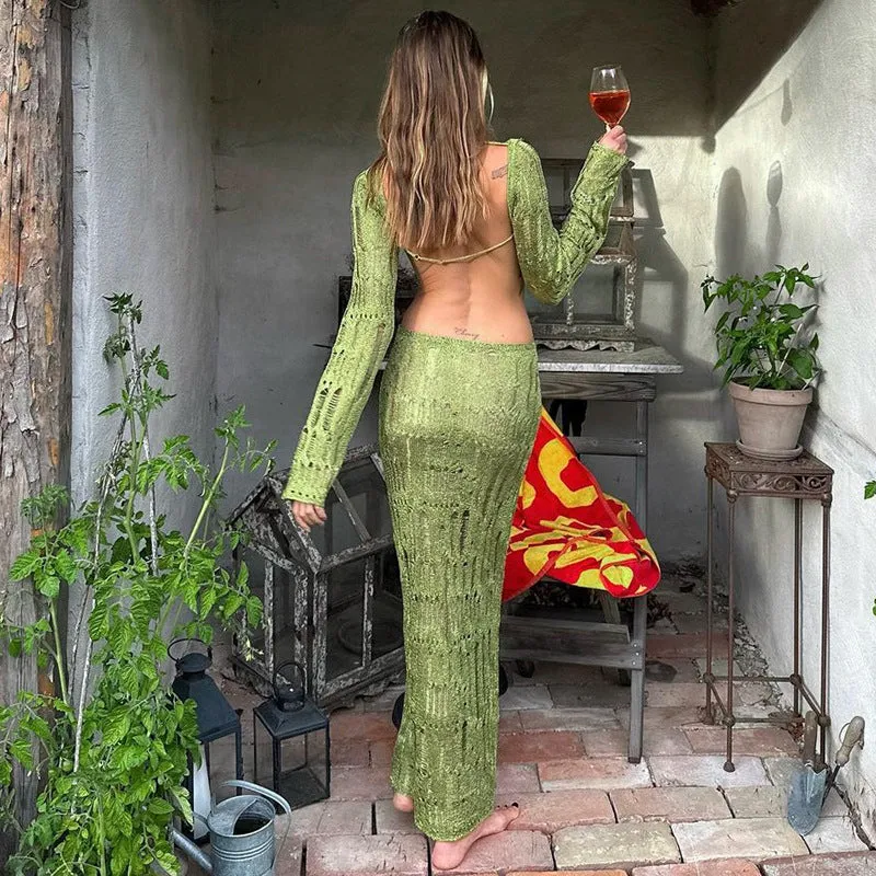 Sexy Backless Cutout See Through Long Sleeve Slim Long Maxi Dress