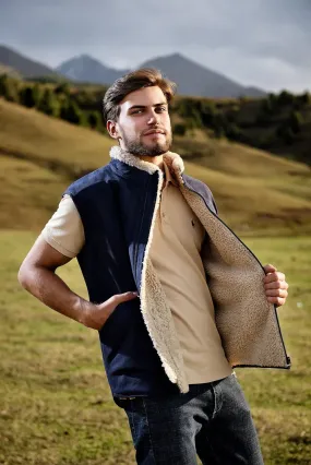 Shearling Sheepskin Vest Mens Blue With Wide Open Side Pockets