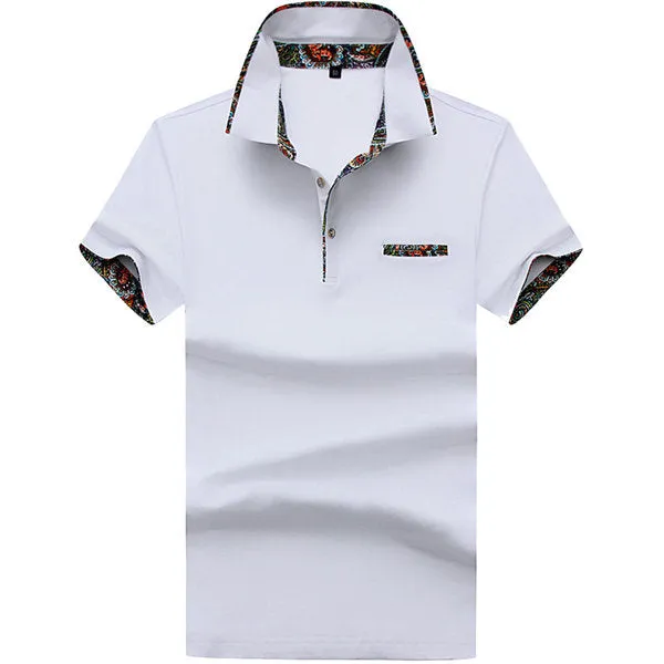 Short Sleeved Cotton Polo Shirts Floral Lined Decoration Turn down Collar