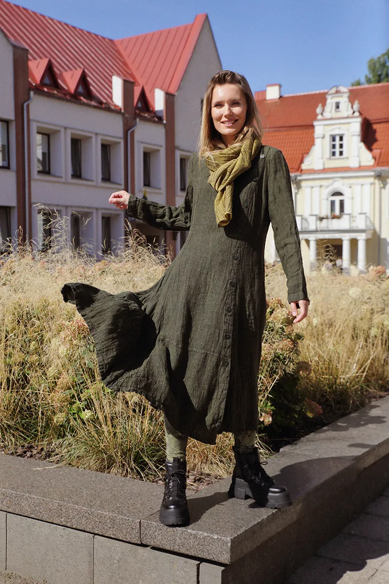 Side Buttons Olive Mélange Linen Dress