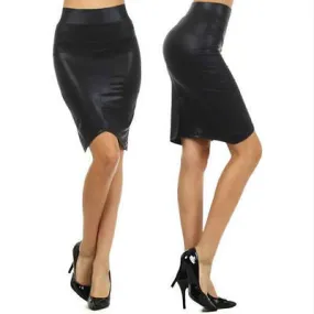 Skirt Shiny Wet Look Faux Leather Knit Textured Pencil Black