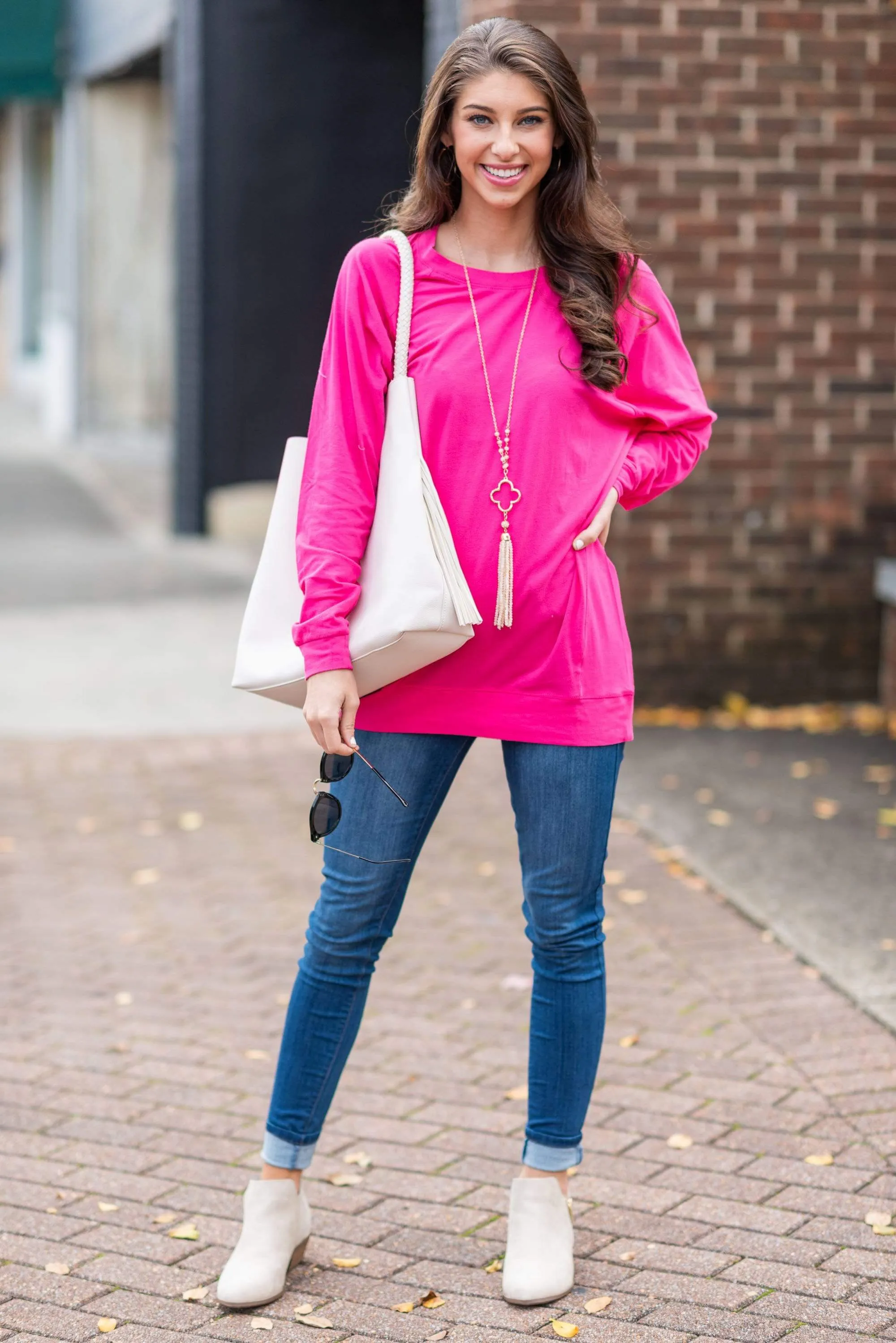 Slouchy Dolman Fuchsia Pink Long Sleeve Tunic