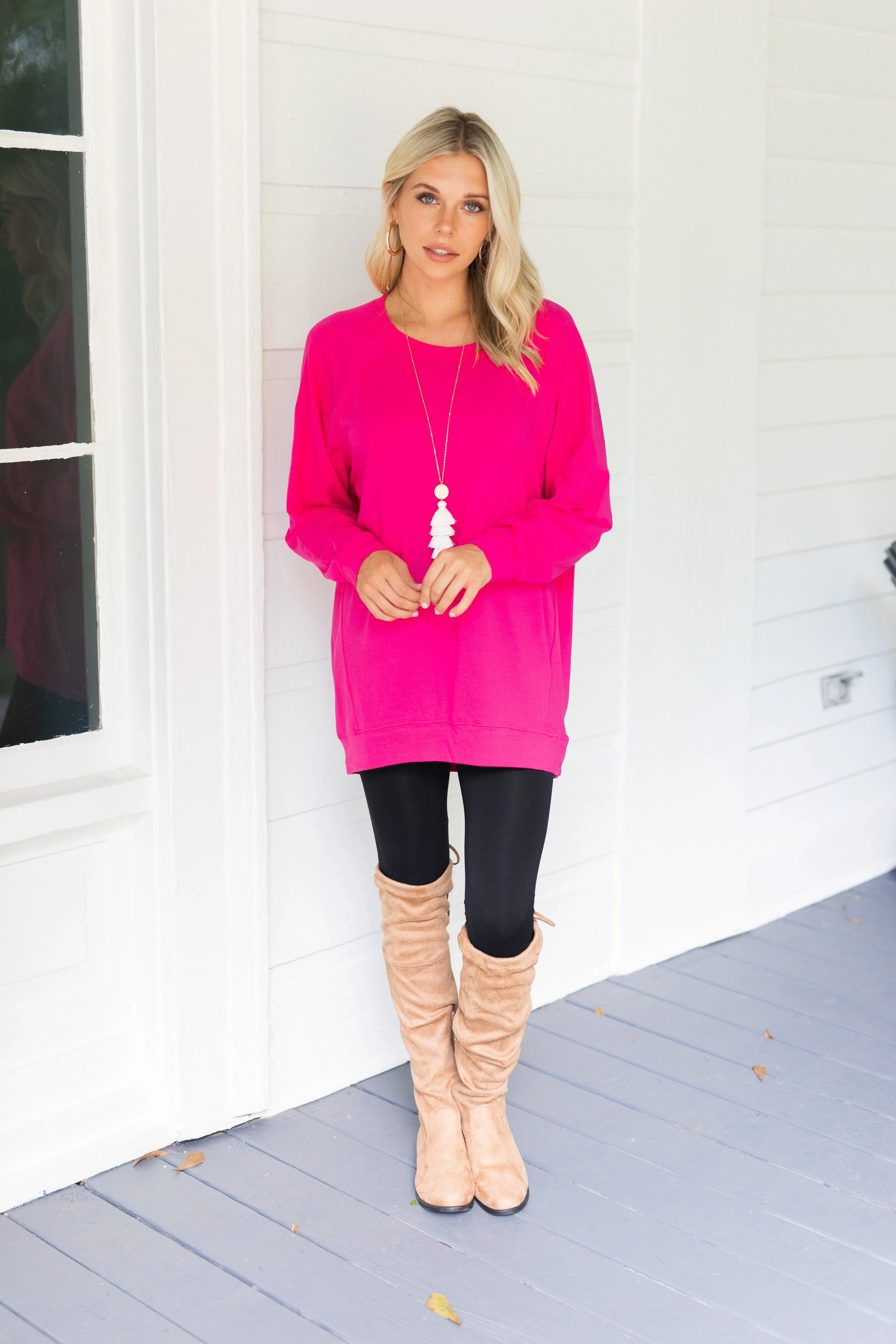 Slouchy Dolman Fuchsia Pink Long Sleeve Tunic