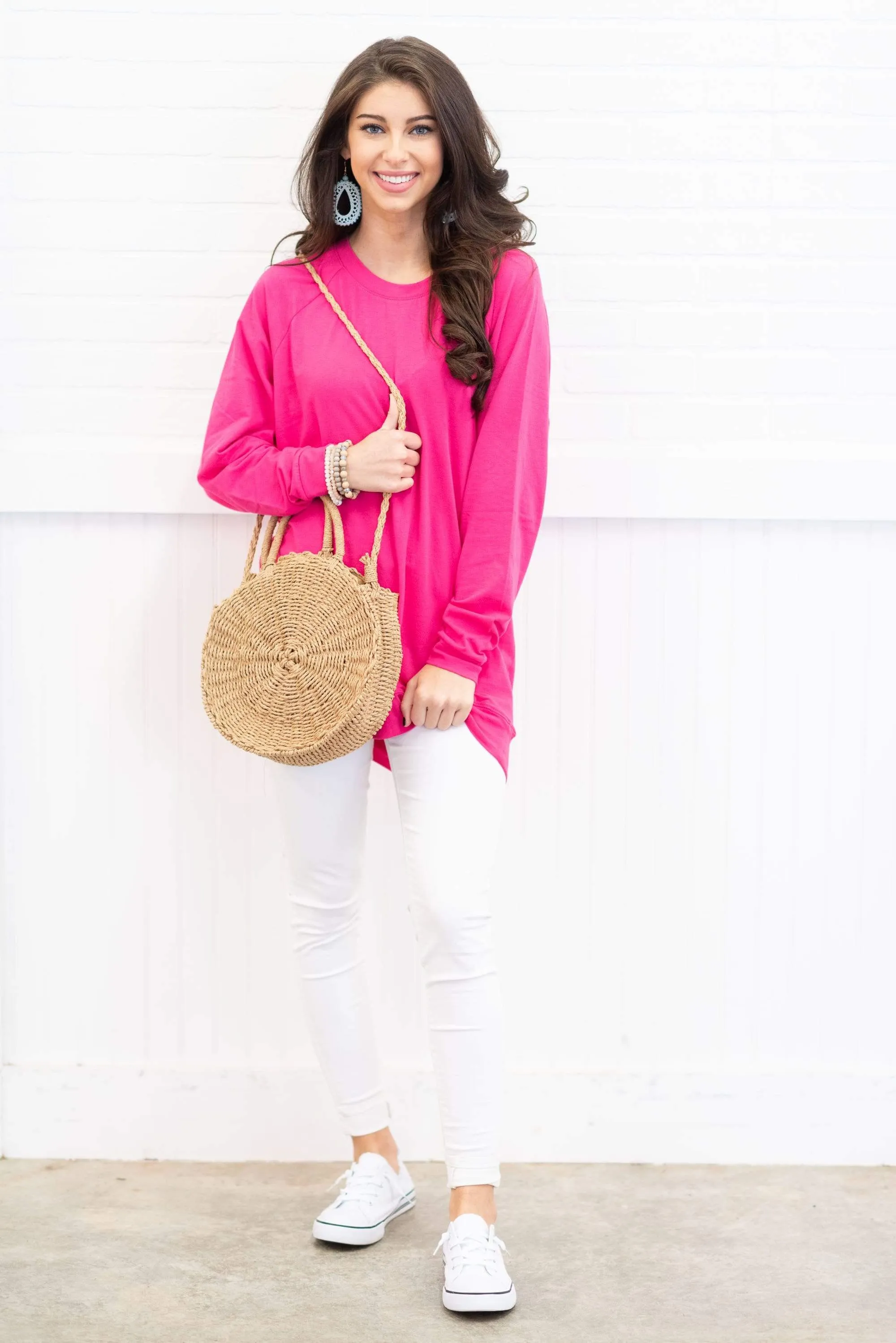 Slouchy Dolman Fuchsia Pink Long Sleeve Tunic