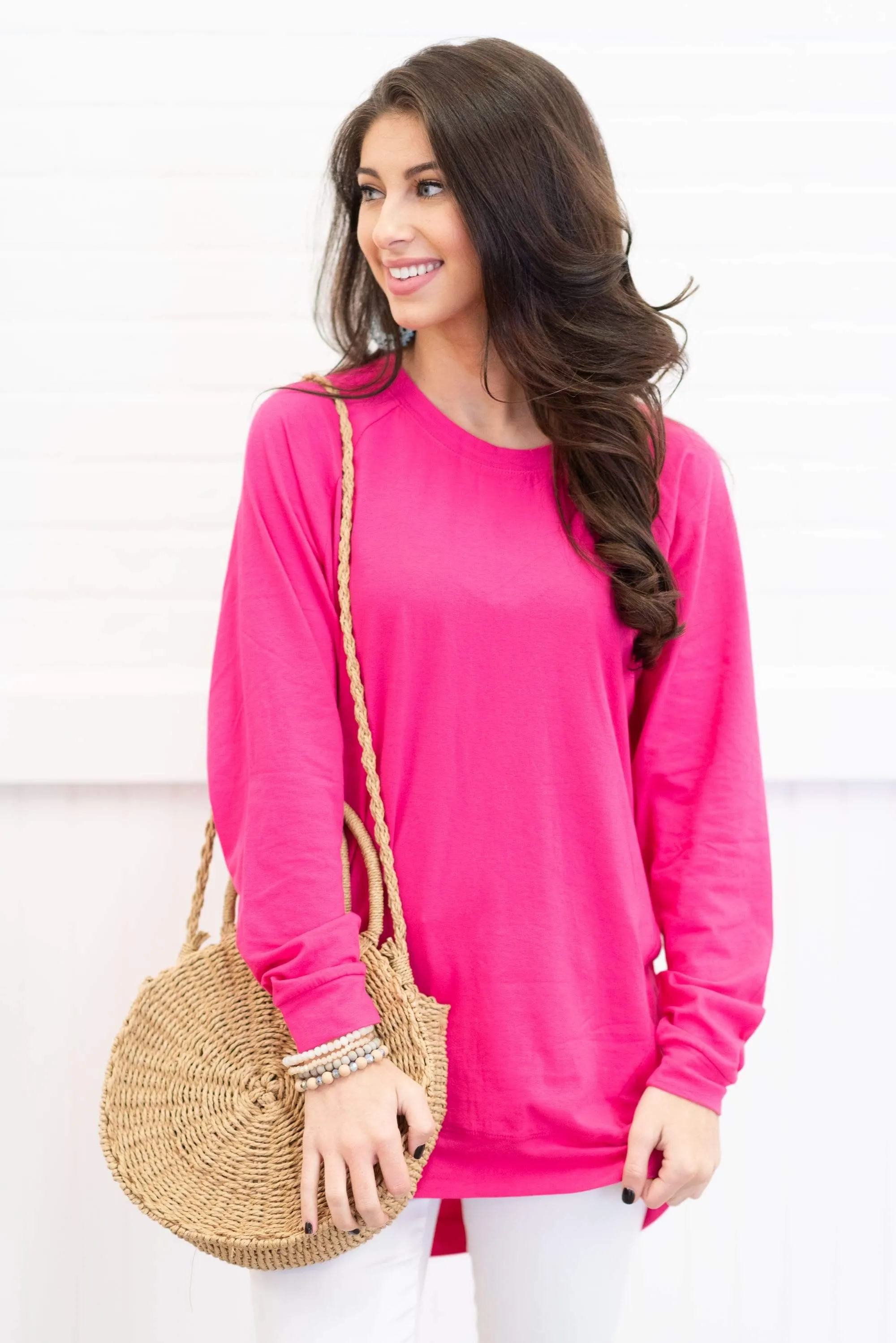 Slouchy Dolman Fuchsia Pink Long Sleeve Tunic