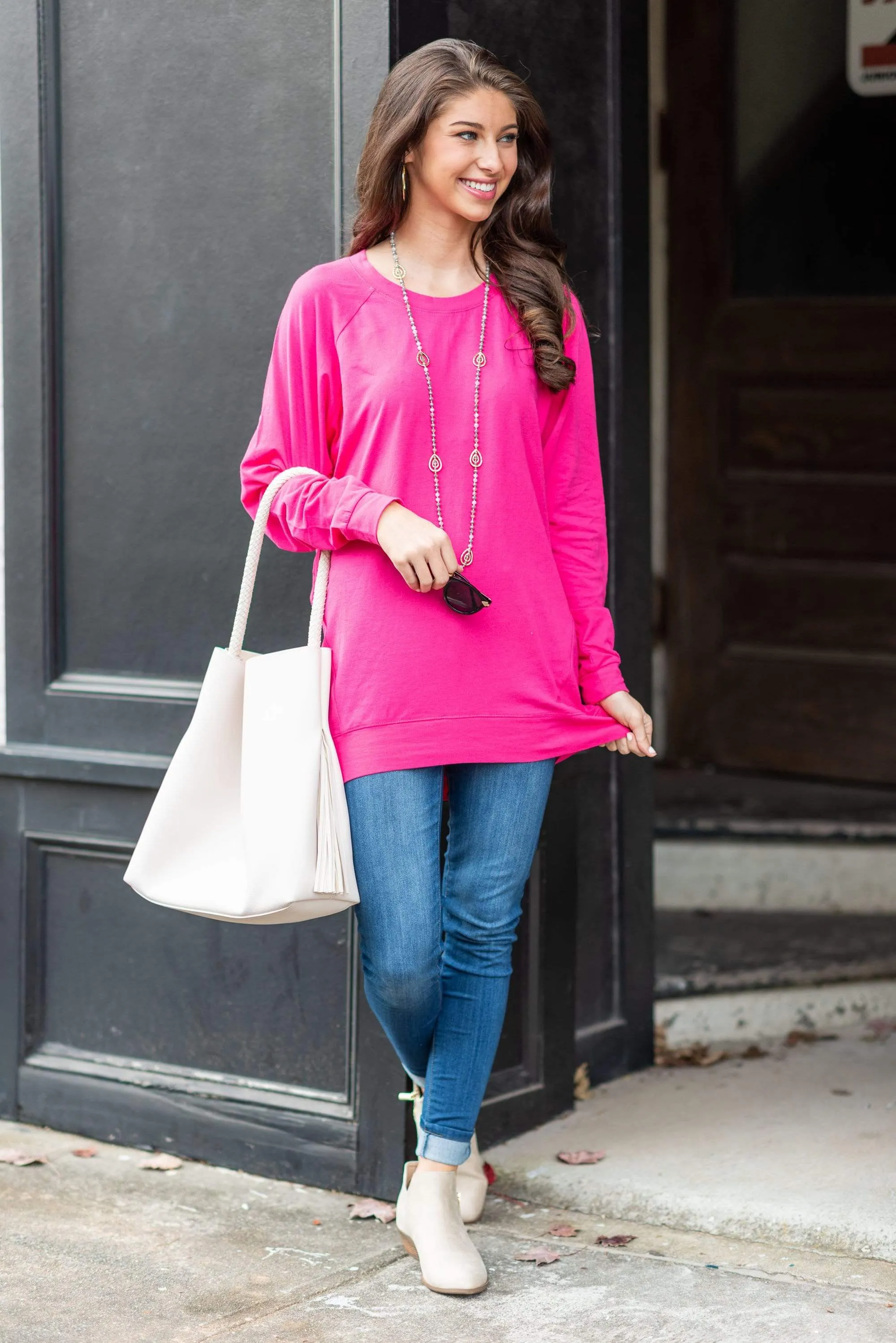 Slouchy Dolman Fuchsia Pink Long Sleeve Tunic