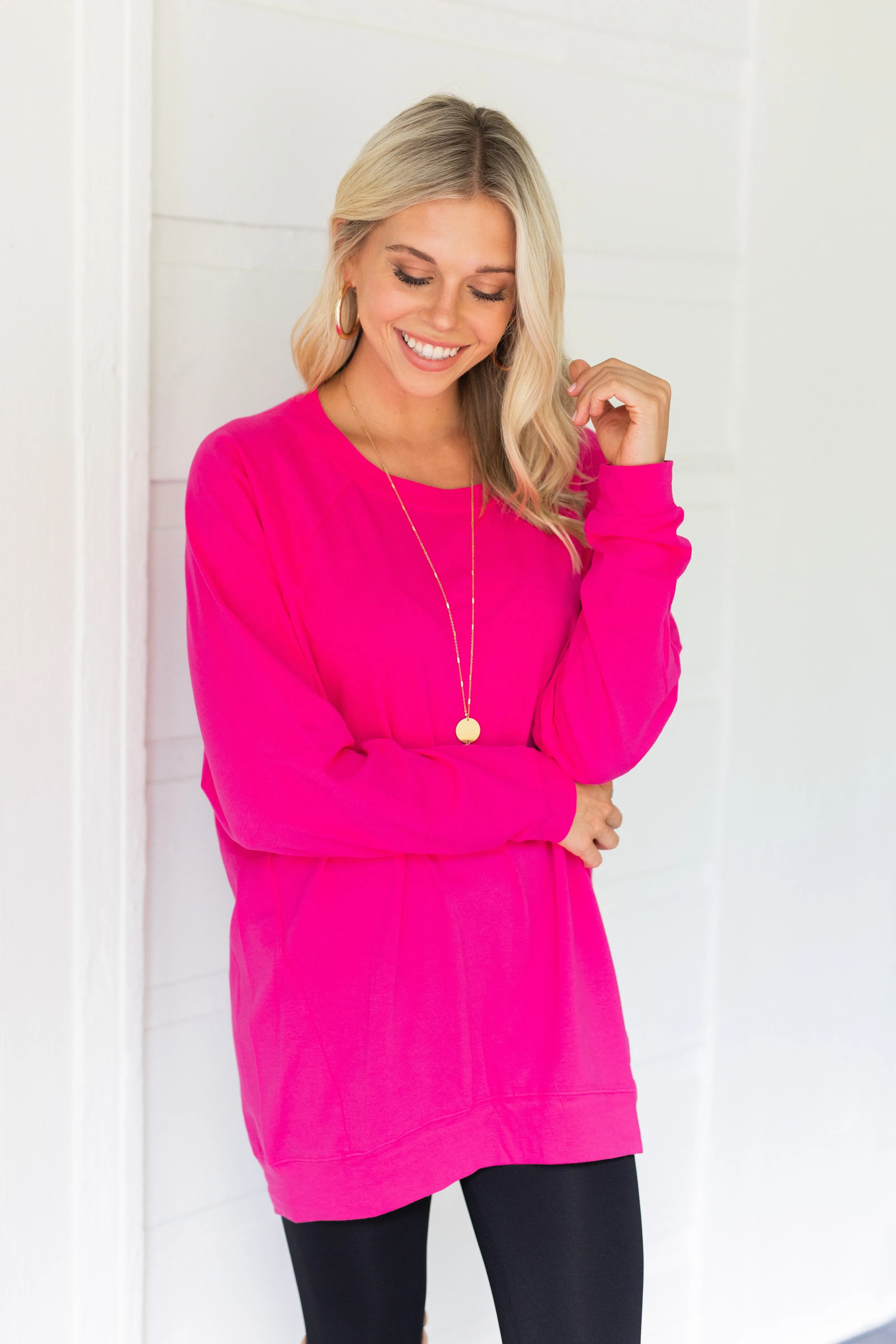 Slouchy Dolman Fuchsia Pink Long Sleeve Tunic