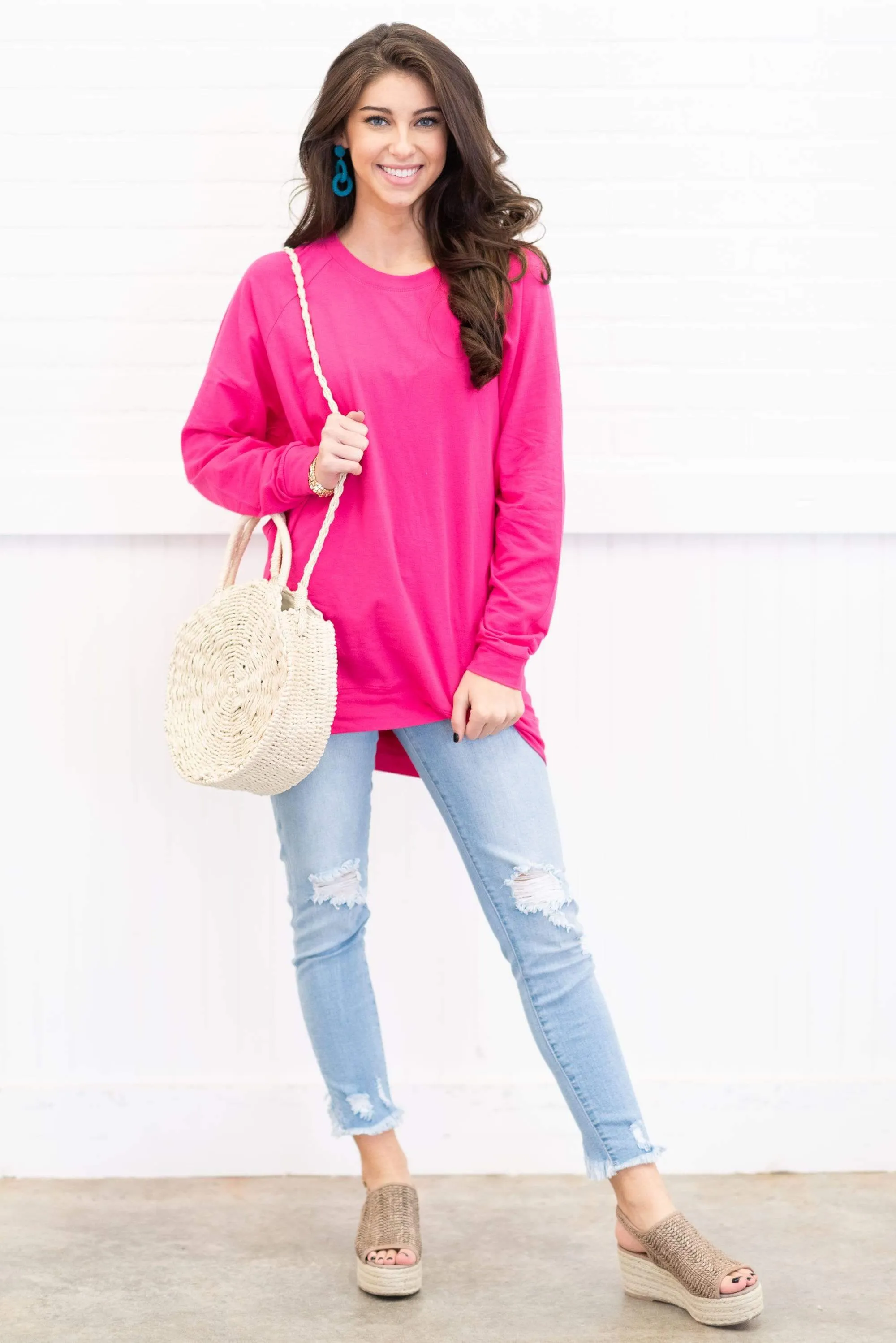 Slouchy Dolman Fuchsia Pink Long Sleeve Tunic