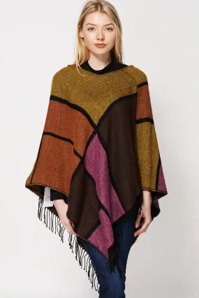 Soft Knit Geometric Print Poncho With Fringe