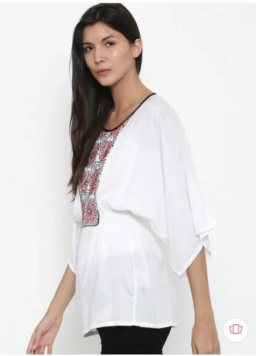 Solid White Embroidered Kaftan Top - (Clearance - Final Sale)