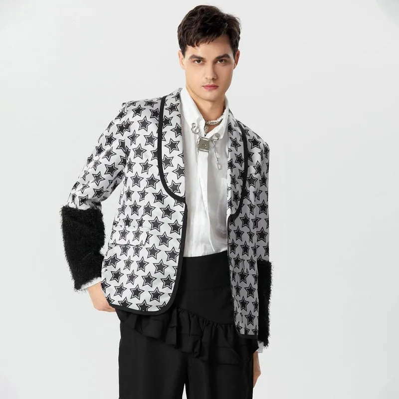 Star Printed Patchwork Plush Cuff Blazer