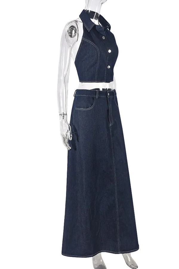 Stylish Solid Color Denim Top & A-line Skirt Set