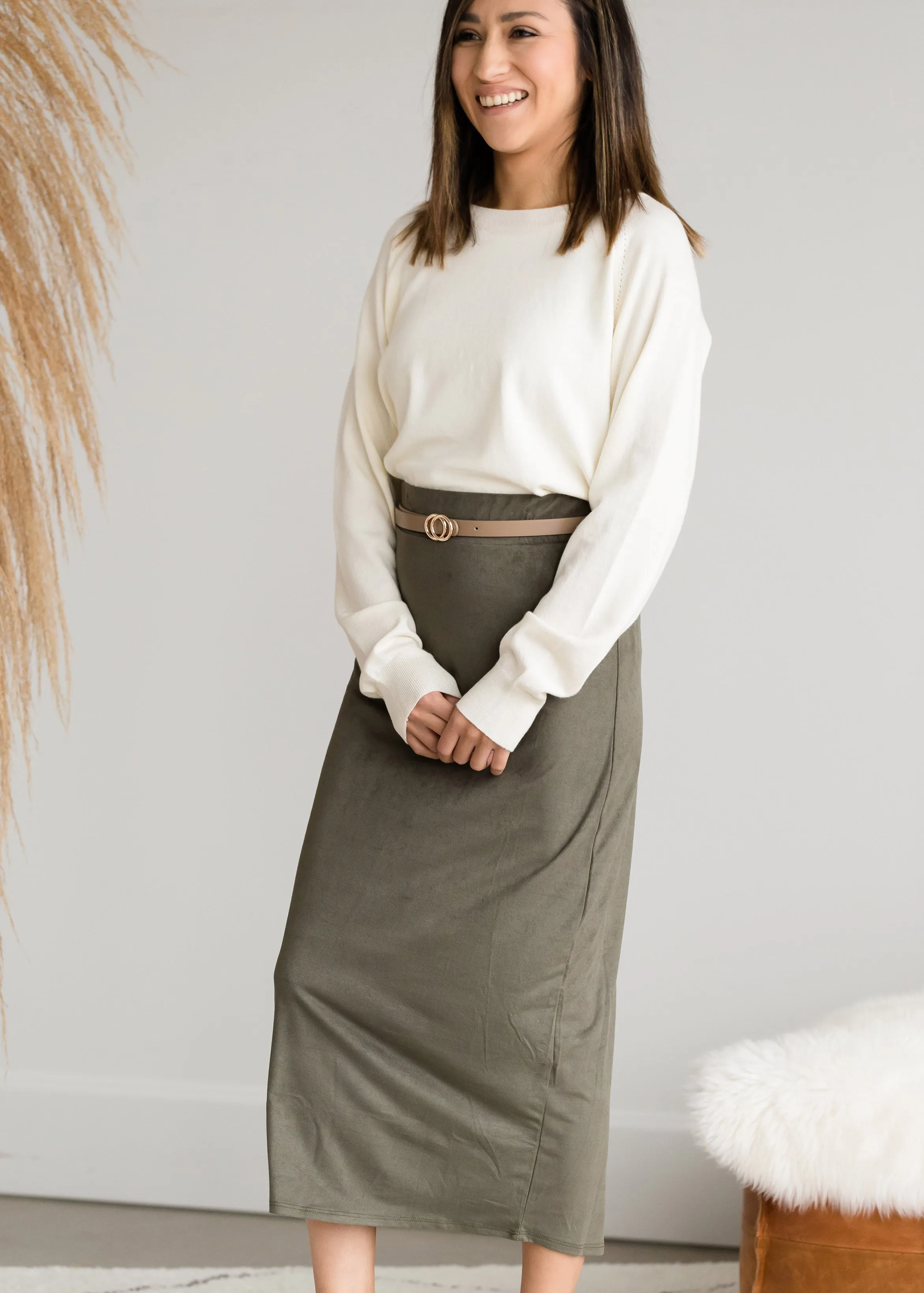 Suede Olive Pencil Midi Skirt - FINAL SALE