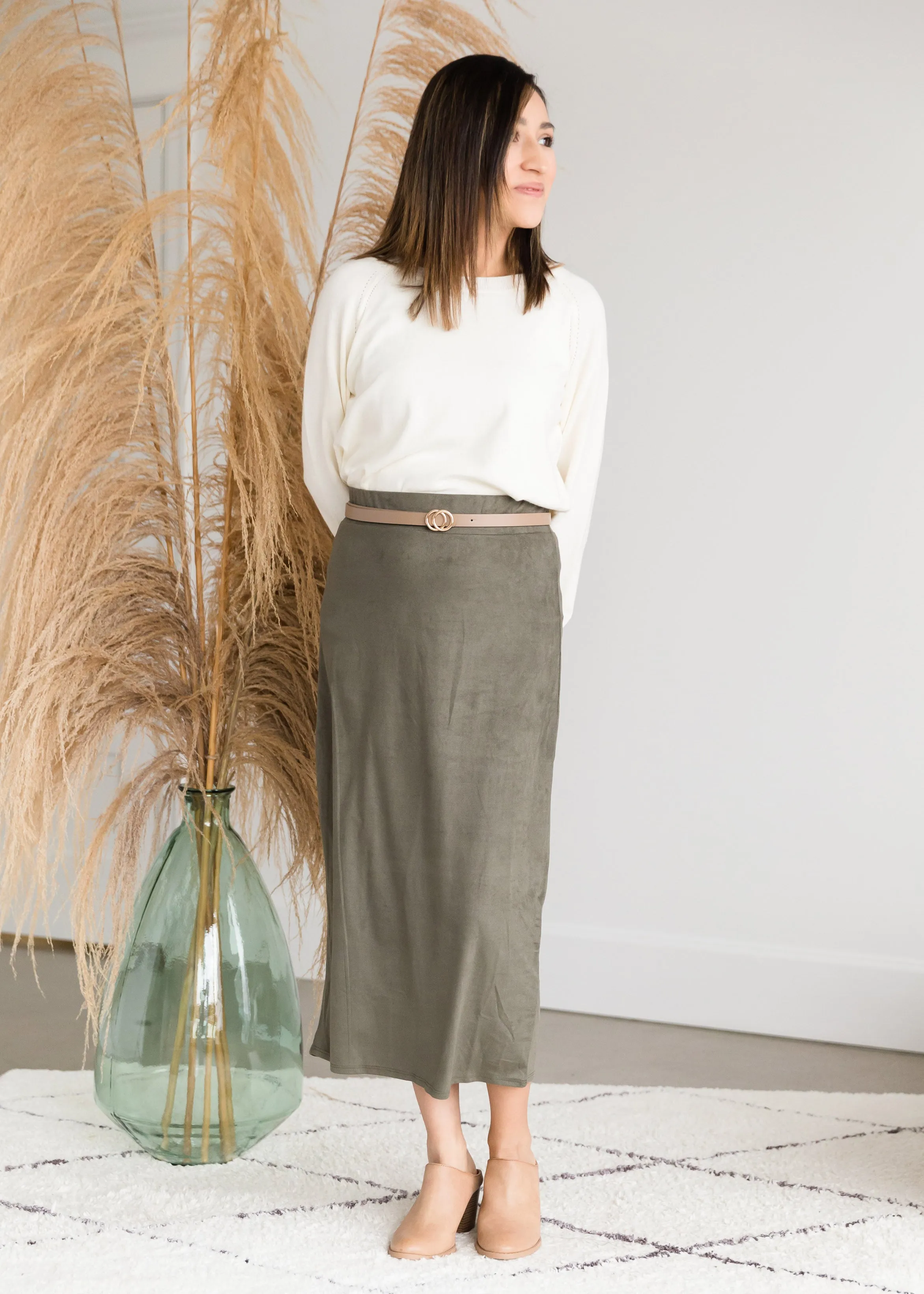 Suede Olive Pencil Midi Skirt - FINAL SALE