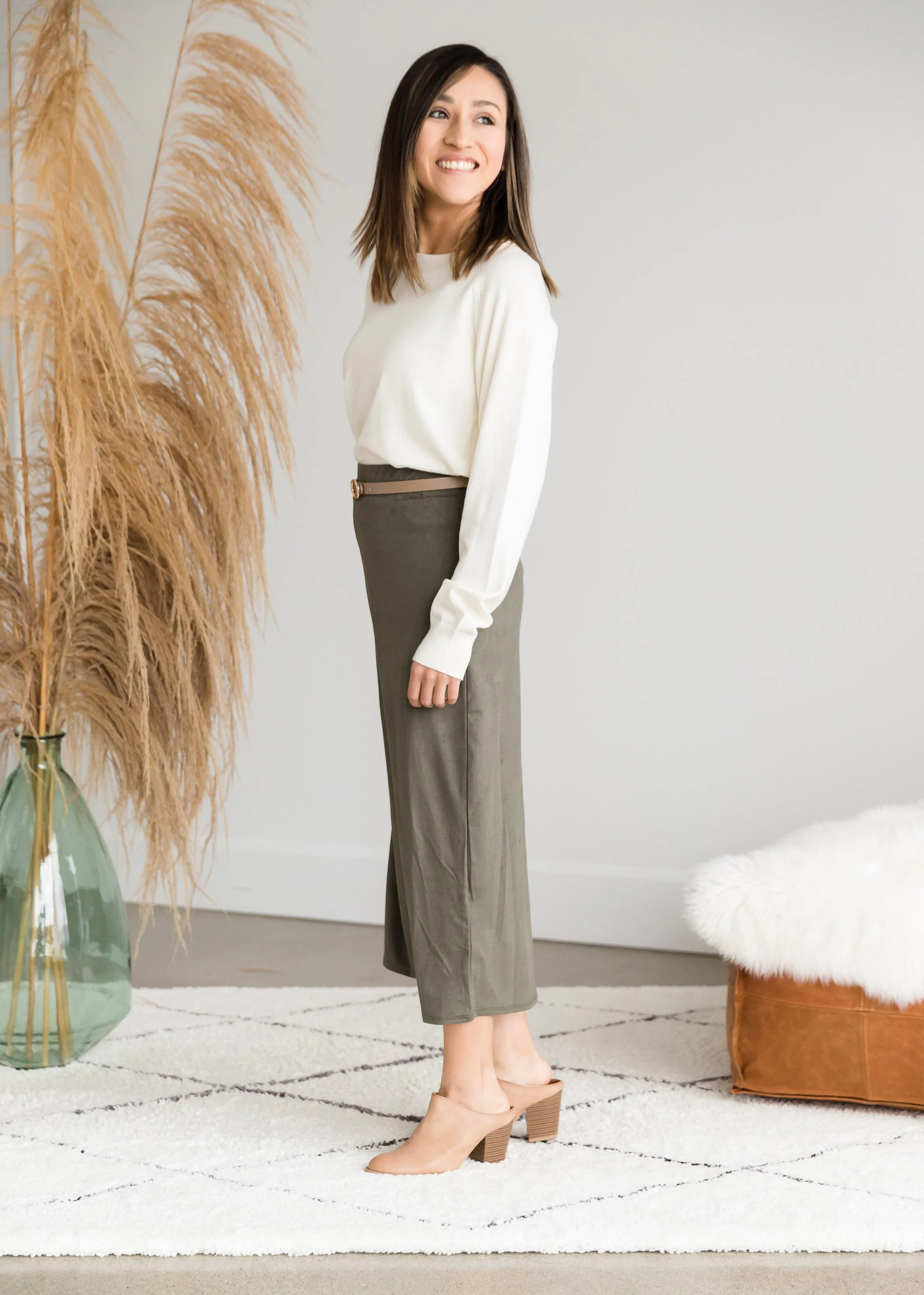 Suede Olive Pencil Midi Skirt - FINAL SALE