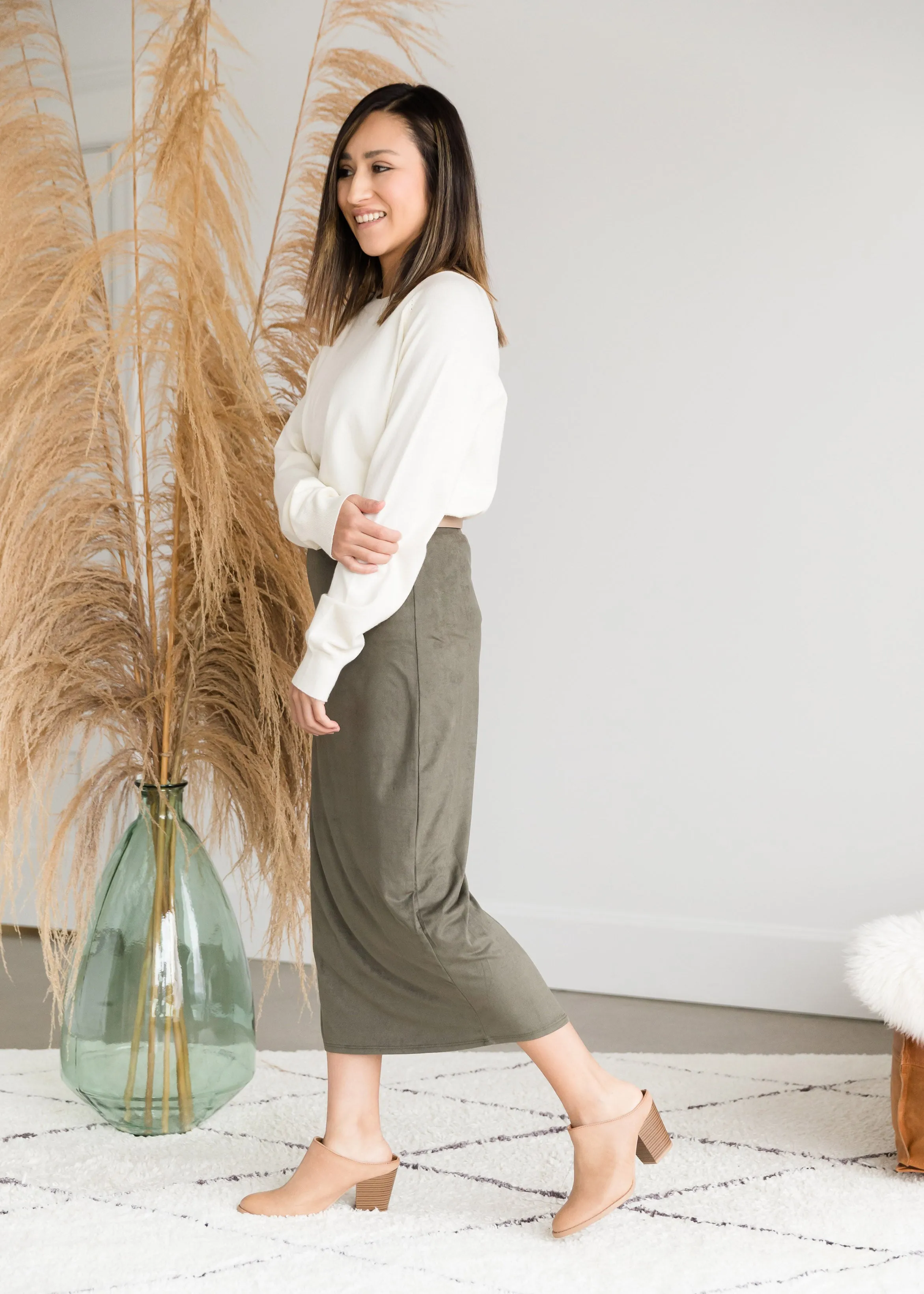 Suede Olive Pencil Midi Skirt - FINAL SALE