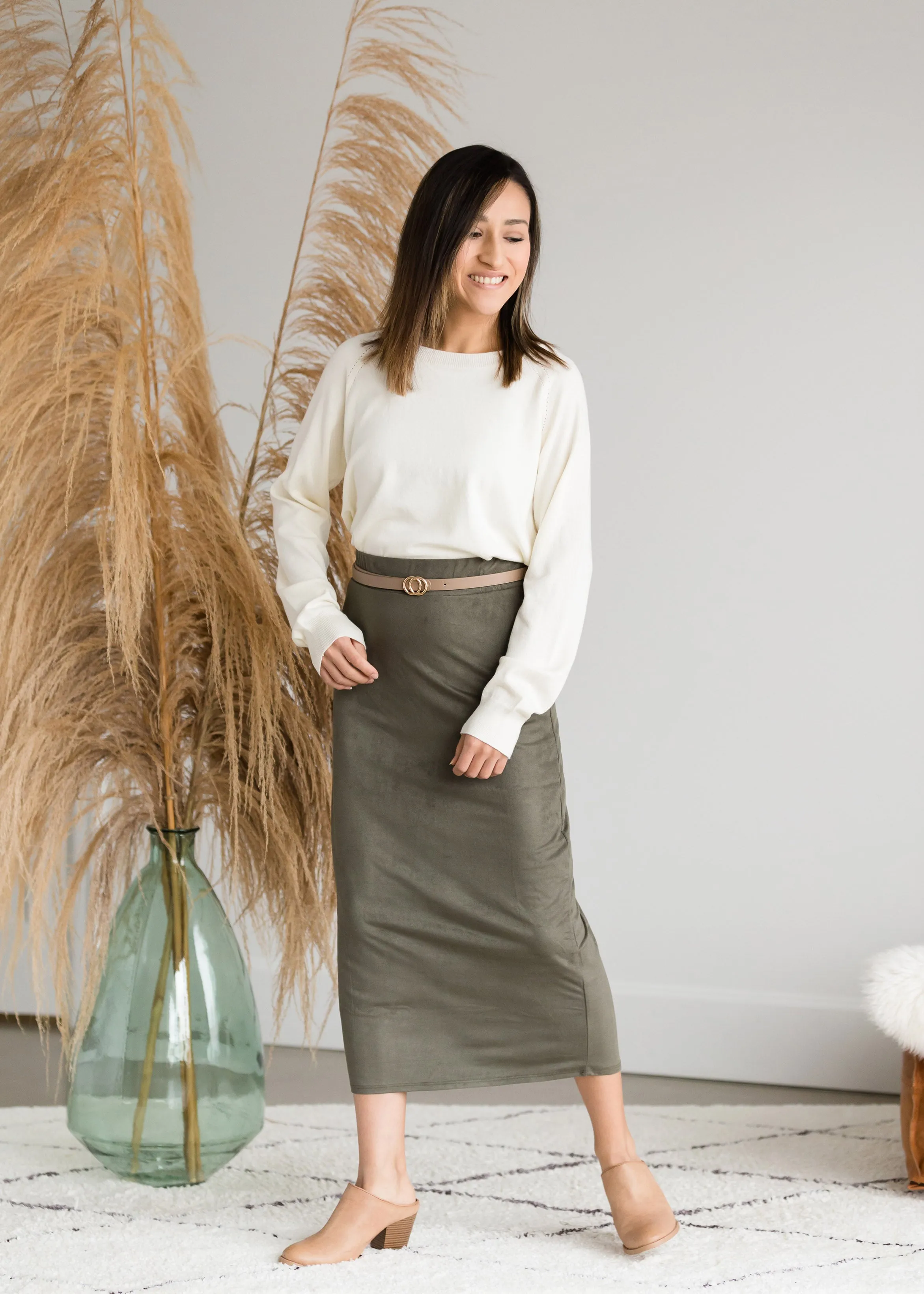 Suede Olive Pencil Midi Skirt - FINAL SALE