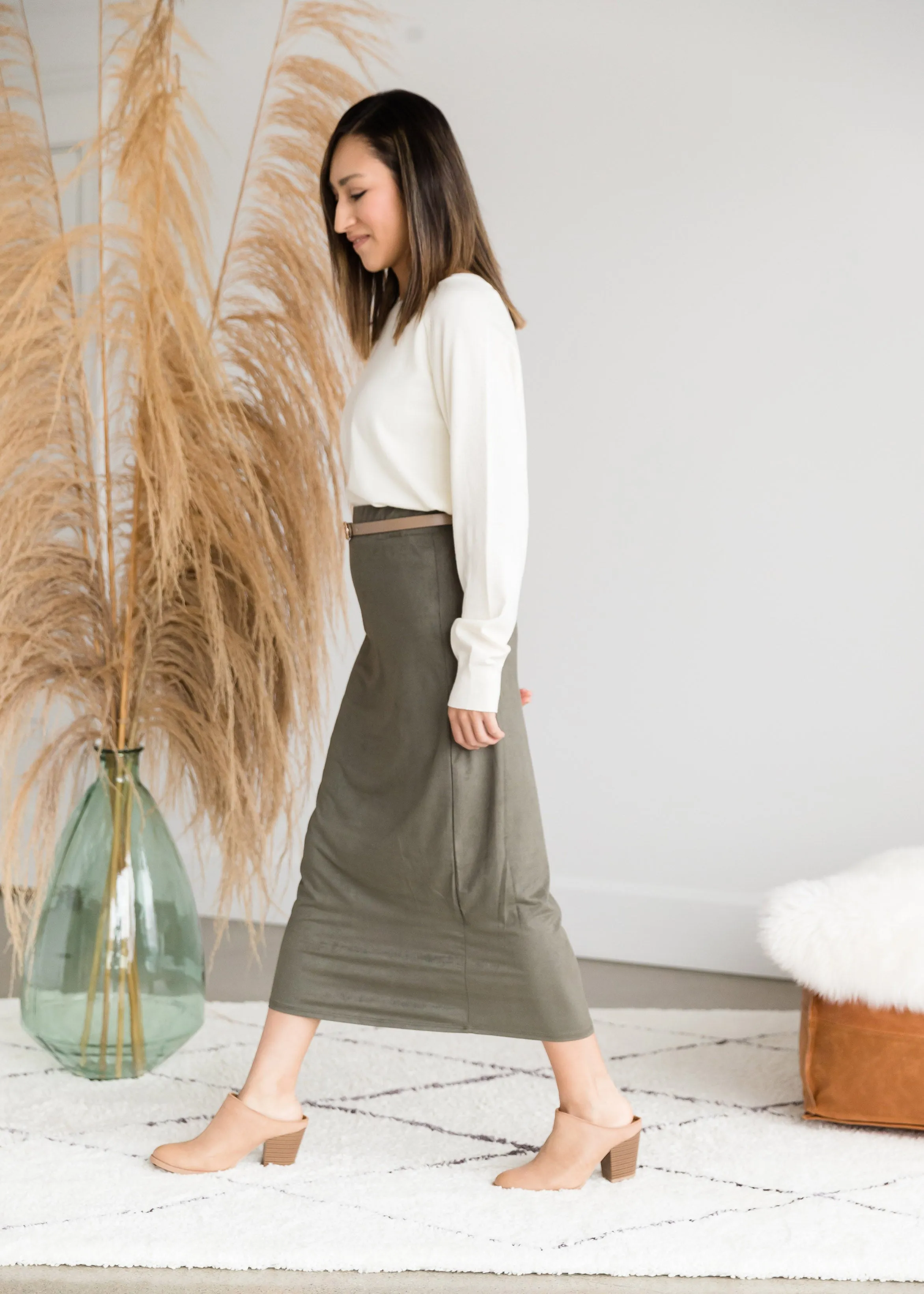 Suede Olive Pencil Midi Skirt - FINAL SALE