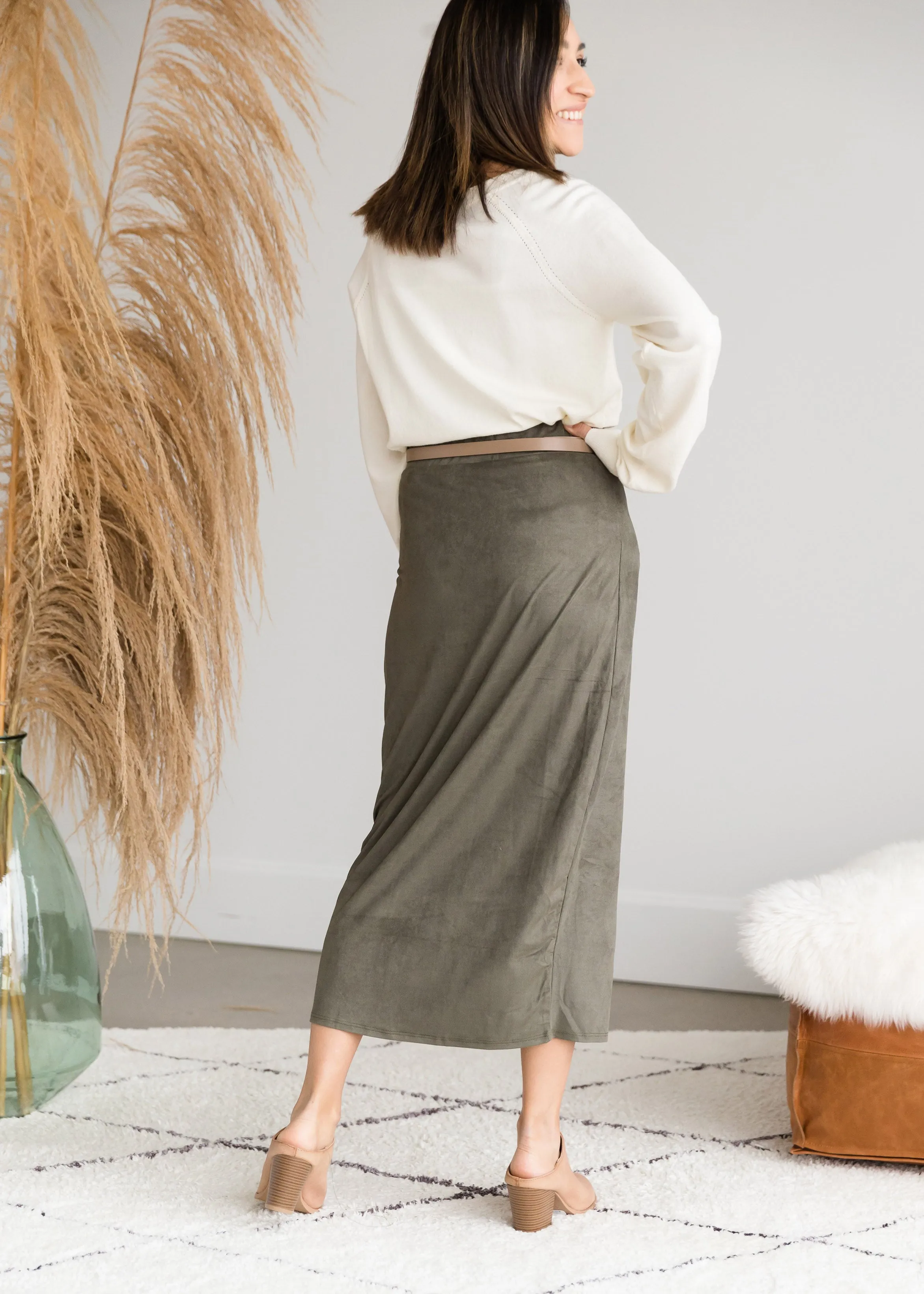 Suede Olive Pencil Midi Skirt - FINAL SALE