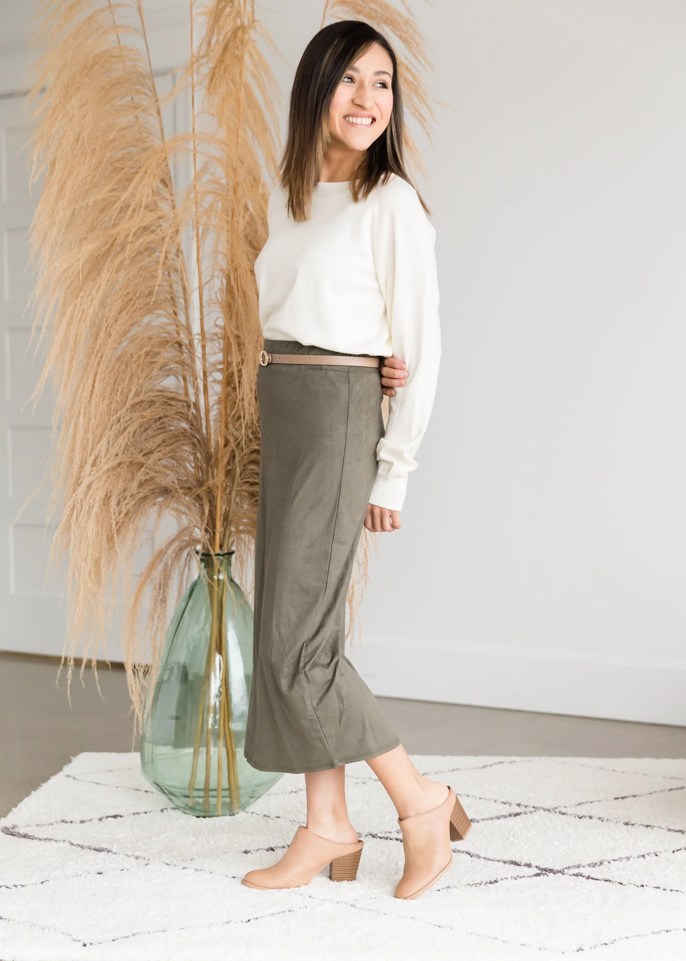 Suede Olive Pencil Midi Skirt - FINAL SALE