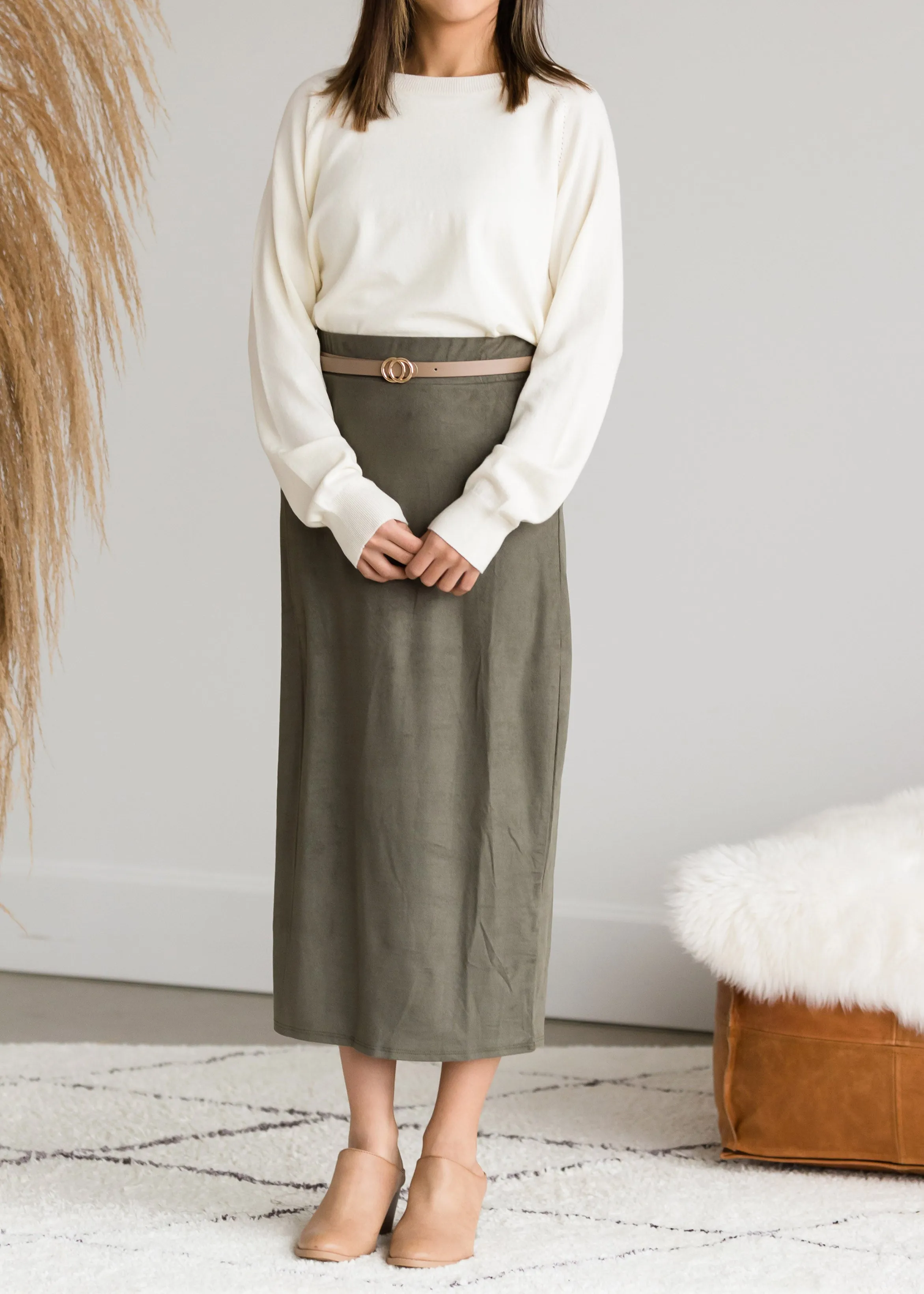 Suede Olive Pencil Midi Skirt - FINAL SALE