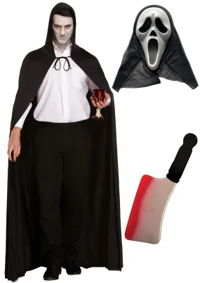 Terrifying Ghost Costume Set: Long Black Cape, Scream Ghost Killer Mask, and Bloodied Cleaver Weapon