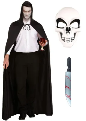 Terror in the Kitchen Costume Set: Long Black Cape, Hood, Skeleton Face Mask, and Fake Bloodied Kitchen Knife