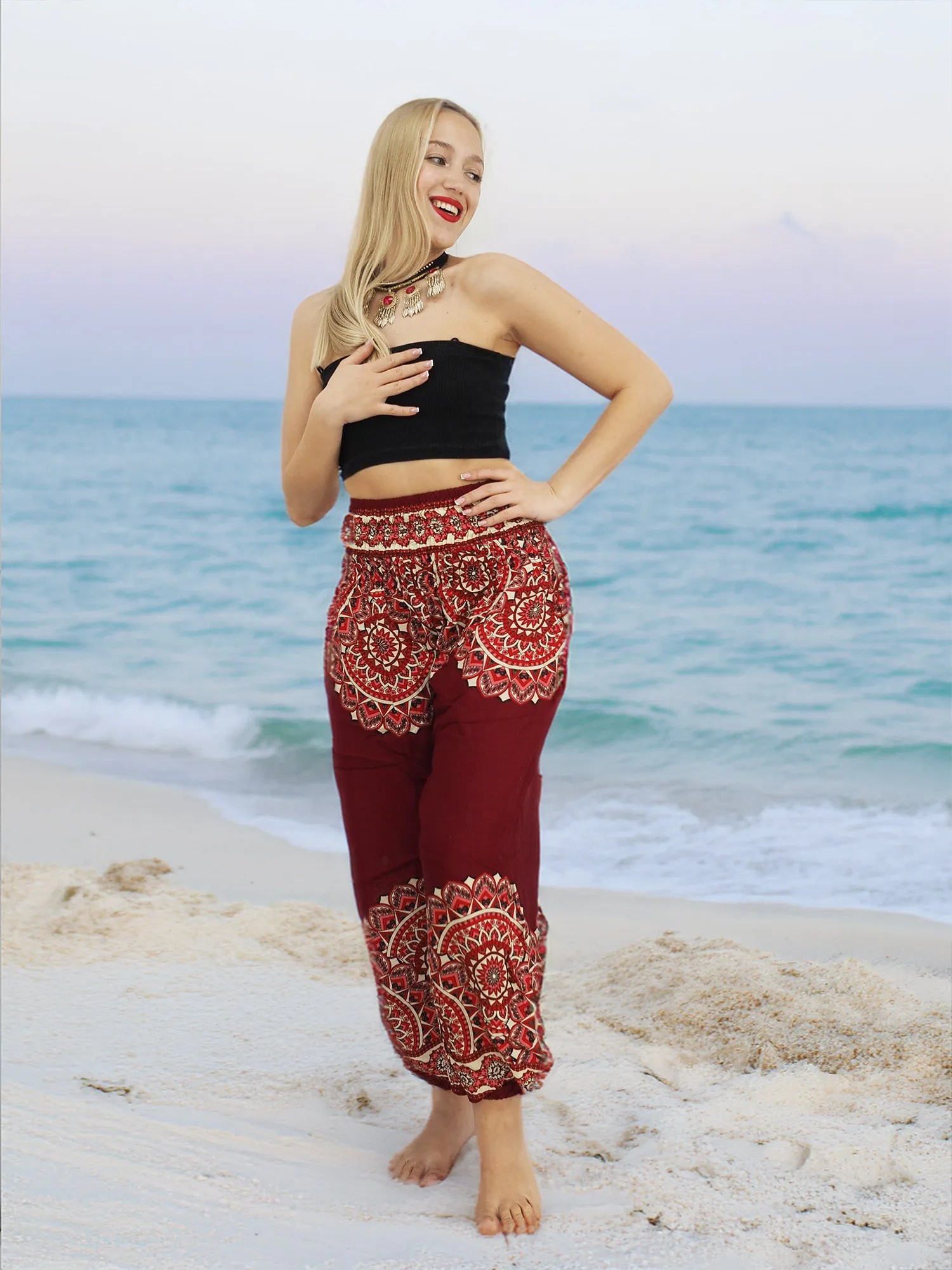 Unisex Harem Yoga Hippie Boho Pants in Dark Red With Mandala Print L-XL