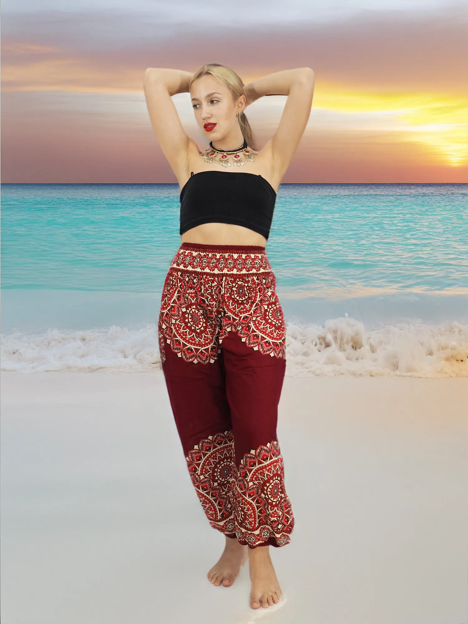 Unisex Harem Yoga Hippie Boho Pants in Dark Red With Mandala Print L-XL