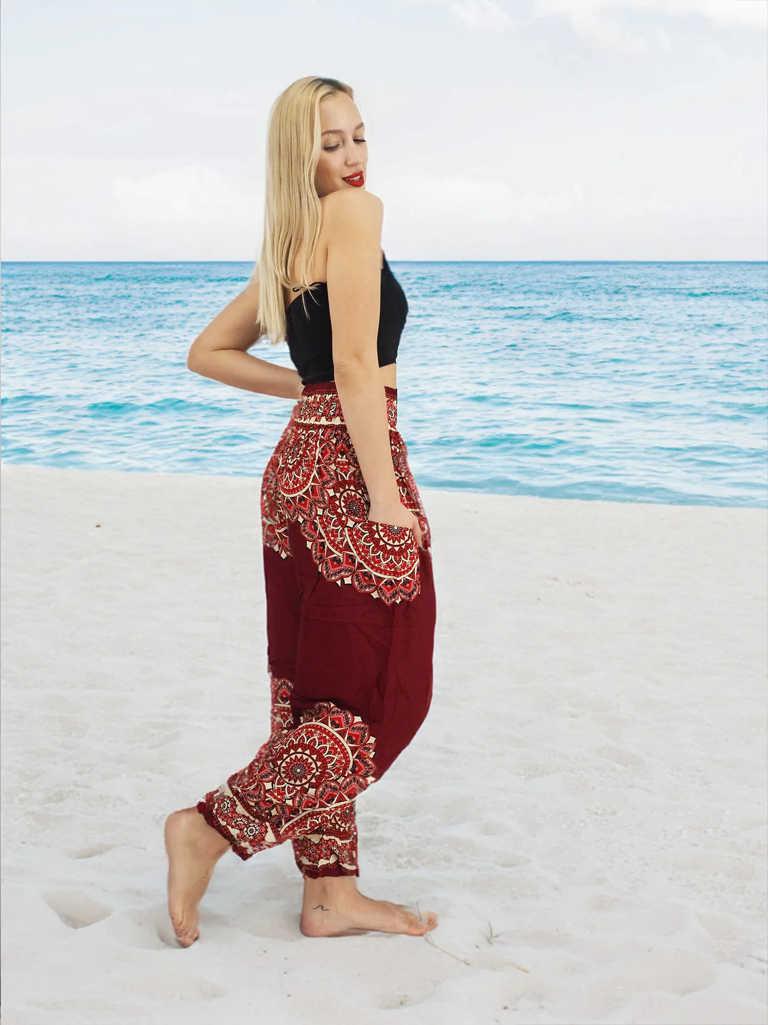 Unisex Harem Yoga Hippie Boho Pants in Dark Red With Mandala Print L-XL