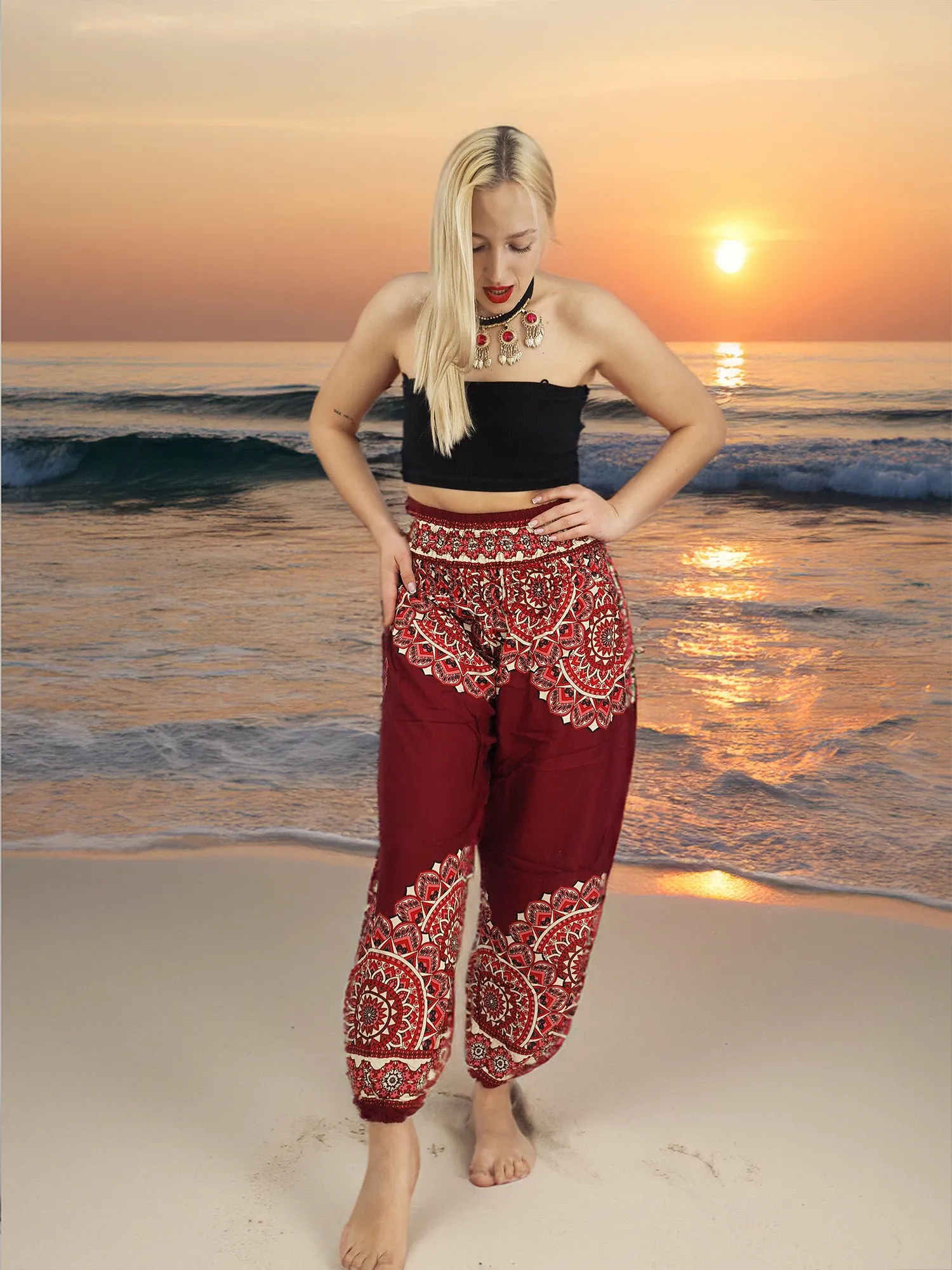 Unisex Harem Yoga Hippie Boho Pants in Dark Red With Mandala Print L-XL